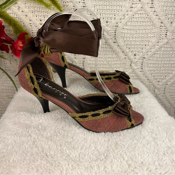 C. BANNER Pink Tweed Lace Detail Open Toe Ribbon Tie Up Kitten Heel Pumps 5.5 - Picture 5 of 12